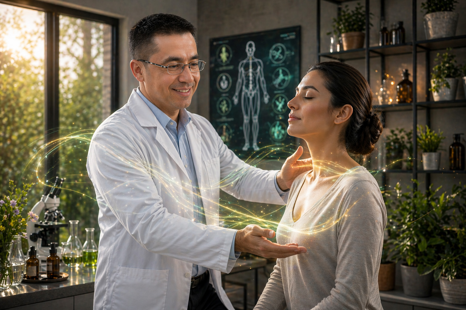 Terapeuta realizando sesión de medicina energética con paciente
